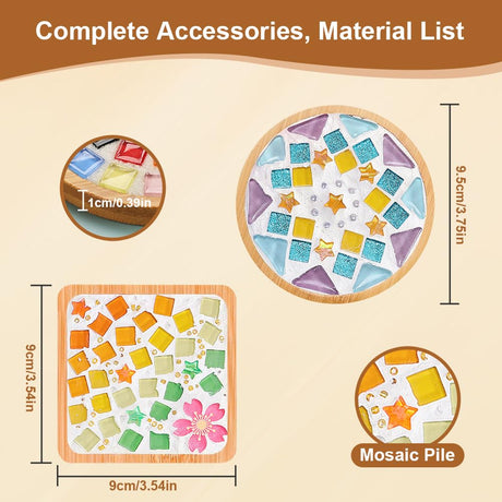 Adboros 8 Sets DIY Glass Mosaic Tiles for Crafts Mixed Color Mosaic Kits with Wooden Coaster for Adults Bamboo Coaster for Drinks Tray Handmade Home Decoration Adboros