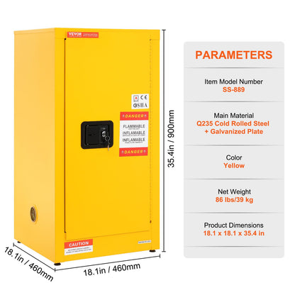 VEVOR Flammable Storage Cabinet, 16 Gal Capacity, Made of Cold-Rolled Steel, Measures 18 x 18 x 35.4 inches, Single Door, Explosion-Resistant, Meets NFPA Code 30 and OSHA Standards