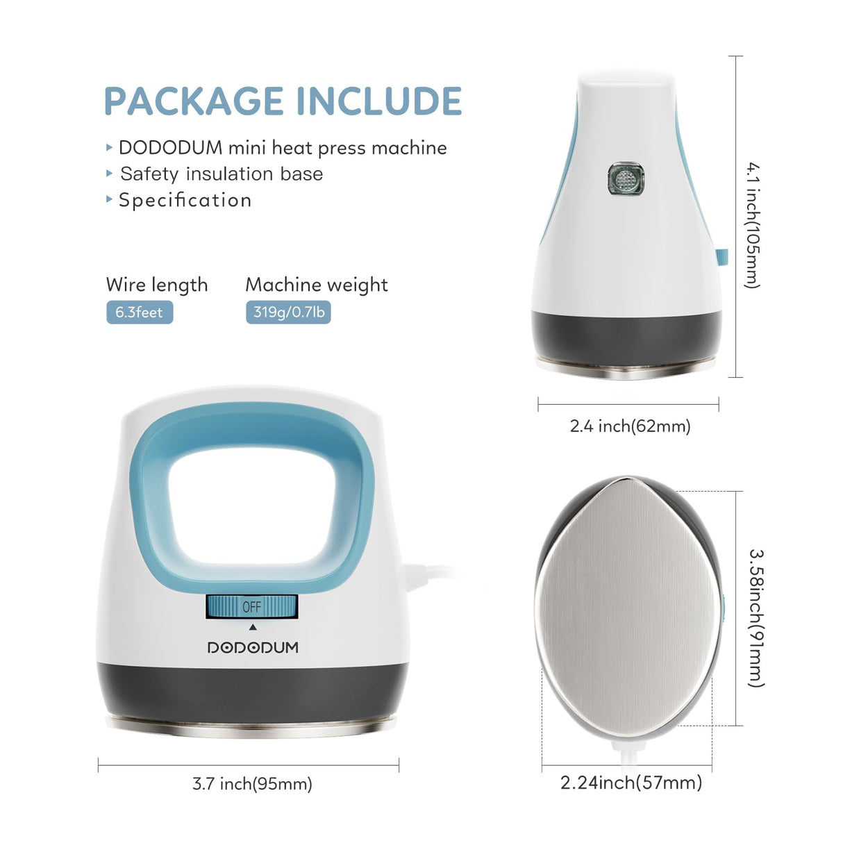 DODODUM Heat Press Small Heat Press Machine for T Shirts Shoes Hats Small HTV Iron-on Vinyl Projects Easy to Use Portable Iron Press for Heating Transfer Blue dododum