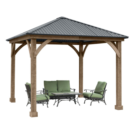 Aoodor 10 x 10 ft. Outdoor Solid Wooden Frame Gazebo with Galvanized Metal Hardtop Roof, for Patio Backyard Deck and Lawns - Grey