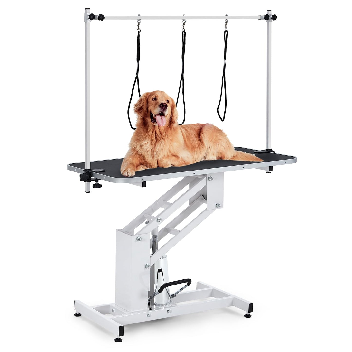 43.3" Hydraulic Dog Grooming Table for Pet, Heavy Duty Structural Hydraulic Max Load 350Lbs Professional Pet Grooming Table with Adjustable Overhead Arm & Noose Height Range 22''-39'' (WHITE)