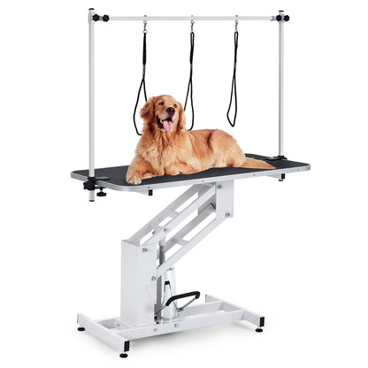 43.3" Hydraulic Dog Grooming Table for Pet, Heavy Duty Structural Hydraulic Max Load 350Lbs Professional Pet Grooming Table with Adjustable Overhead Arm & Noose Height Range 22''-39'' (WHITE)