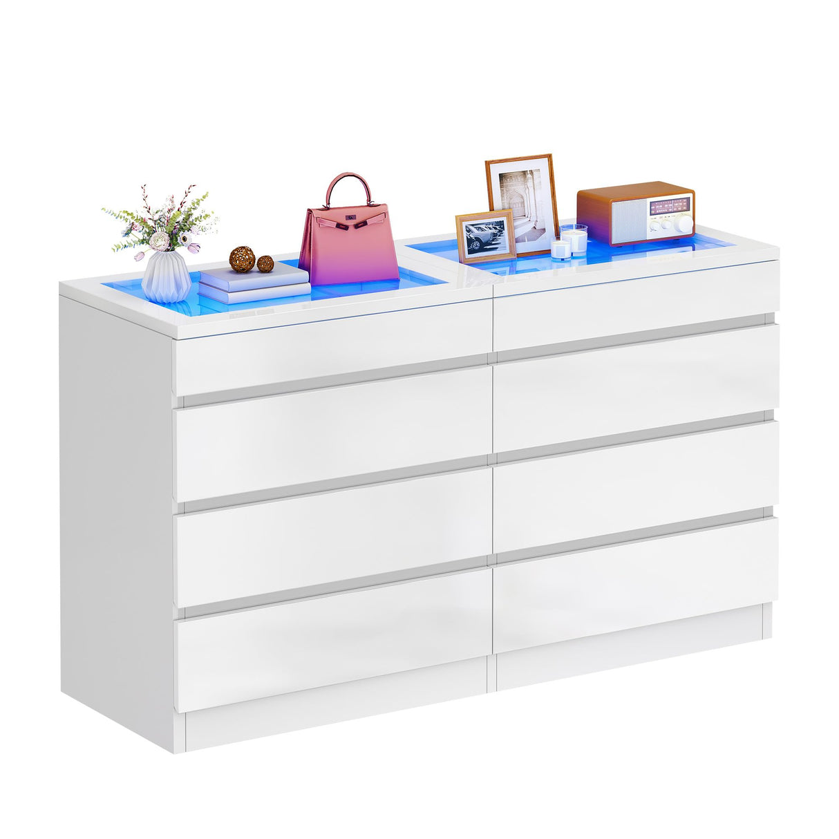 DWVO 8 Drawer Dresser with LED, White Dresser, Modern 8 Chest of Drawers with Deep Drawers Glass Top High Gloss Surface, Storage Organizer Cabinet for Living Room DWVO