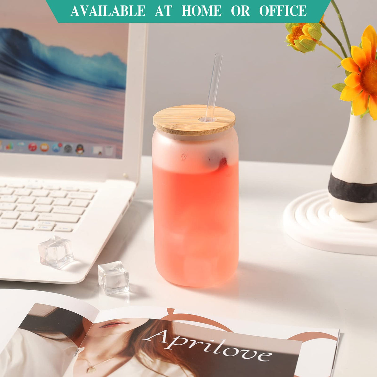 WHEATHUSK 20 Pack Sublimation Glass Cups Frosted 16oz Blanks Sublimation Borosilicate Glasses Tumbler with Bamboo Lids and Straws for Beer, Juice, Soda, Iced Coffee, Drinks WHEATHUSK