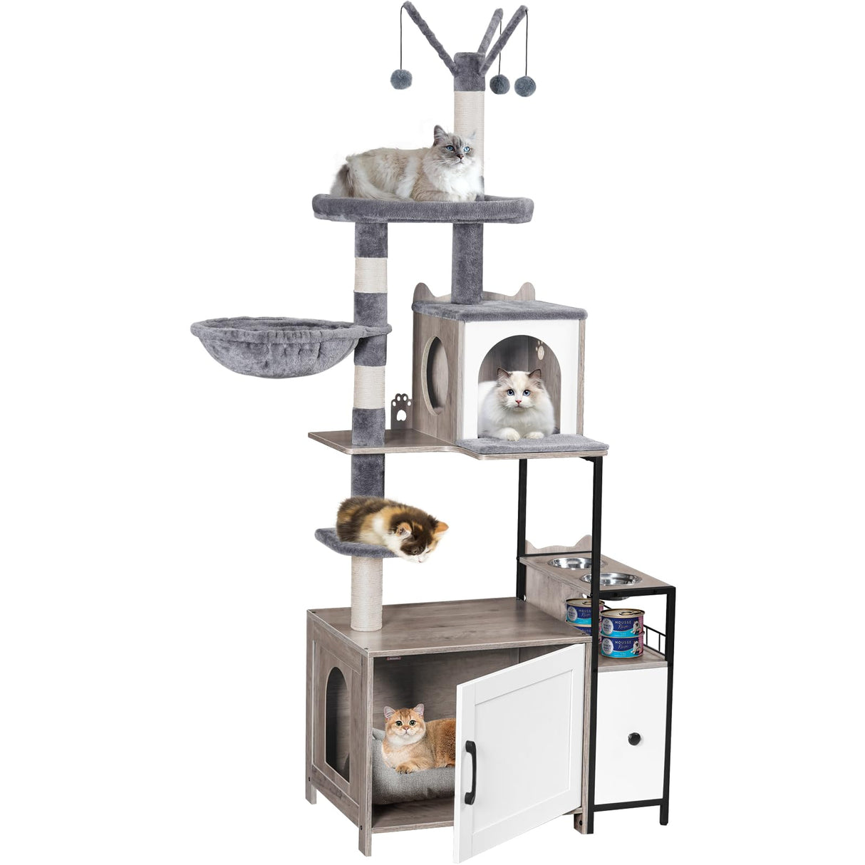 Snughome Cat Tree with Litter Box Enclosure, 3-in-1 Modern Cat Tower for Indoor Cats, 67.32’’ Hidden Cat Litter Box Furniture with Cat Condo, Food Station and Hammocks, All-in-one Cat Furniture Snughome