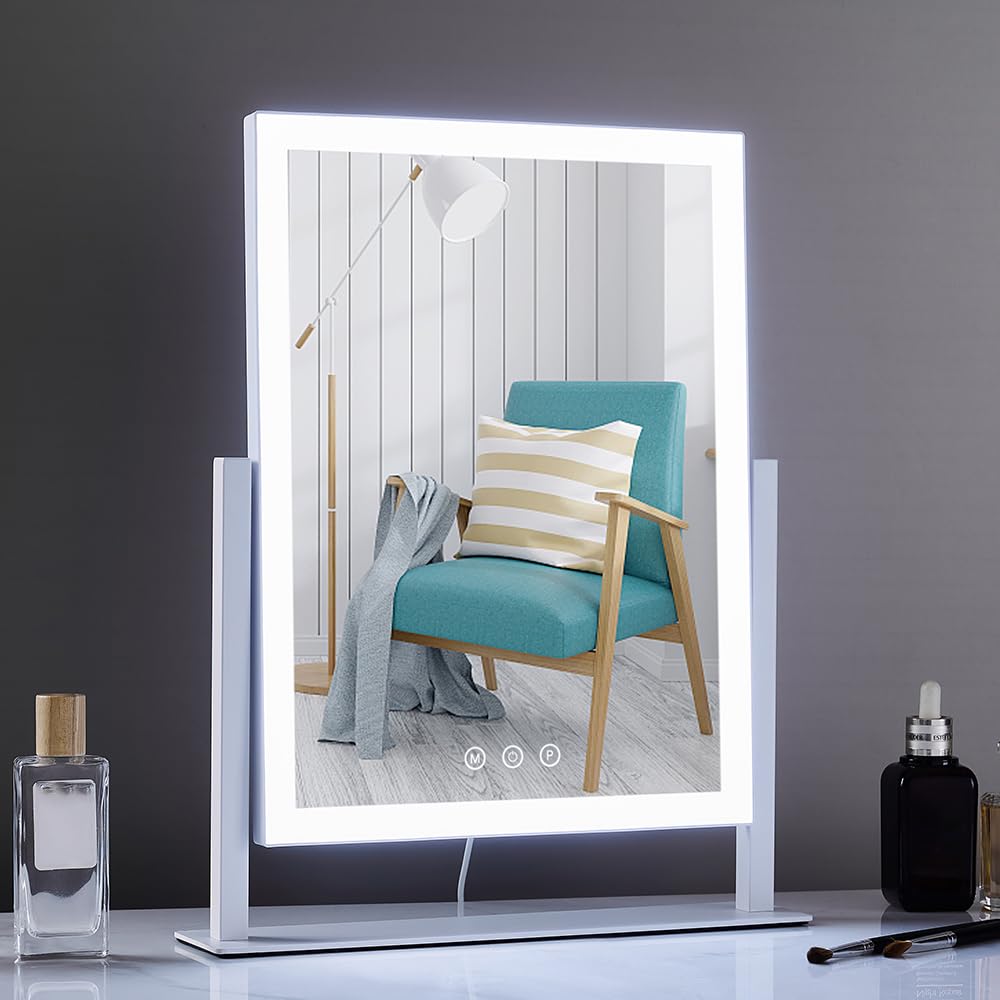 HIEEY Lighted Makeup Mirror, Hollywood Vanity Mirror with Lights, Three Color Lighting Modes, and 5X Magnification Mirror, Smart Touch Control, 360°Rotation (17.3in,White,Gift Box) HIEEY