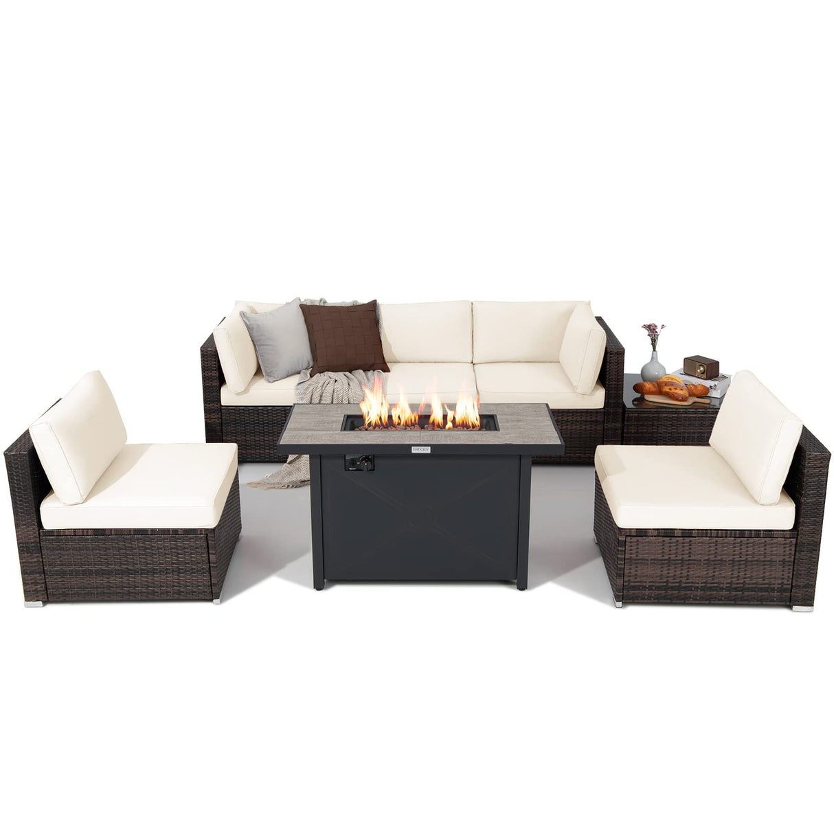 Tangkula 7 Piece Patio Furniture Set with Fire Pit Table, Includes 42 Inches 60,000 BTU Propane Rectangle Fire Pit and Protective Cover, Outdoor Cushioned Sectional Sofa Set for 5 (Off White) Tangkula