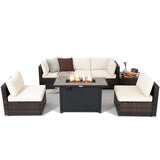 Tangkula 7 Piece Patio Furniture Set with Fire Pit Table, Includes 42 Inches 60,000 BTU Propane Rectangle Fire Pit and Protective Cover, Outdoor Cushioned Sectional Sofa Set for 5 (Off White) Tangkula