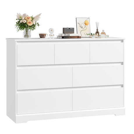 FACBOTALL Dresser for Bedroom, Modern White Dresser, Wood Chest of Drawers Nursery Dresser with Storage, 7 Drawer Double Dresser with Handle Free, Large Storage Dresser Organizer for Living Room,White FACBOTALL