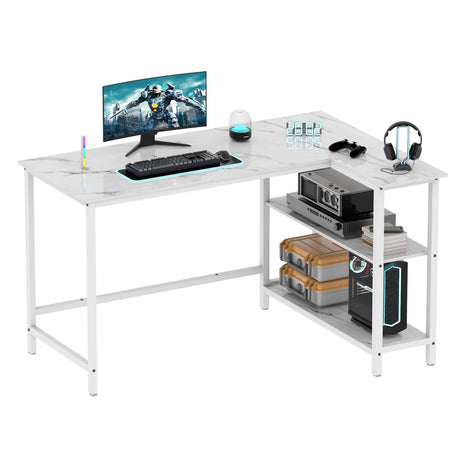 WOODYNLUX Computer Desk with Shelves, 50 Inch Gaming Writing Desk, Study PC Table Workstation with Storage for Home Office, Living Room, Bedroom, Metal Frame, White WOODYNLUX