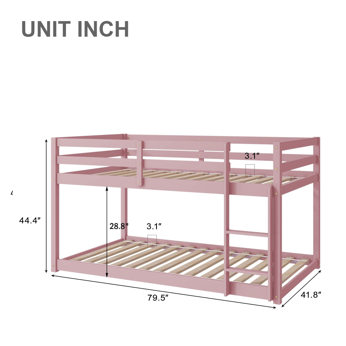 jurmiture Bunk Bed Twin Over Twin, Twin Low Bunk Bed, Floor Bunkbeds with Ladder for Teen Kids Girls Boys, Pink jurmiture
