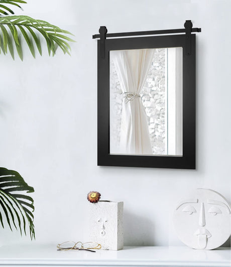 H-A 28"x 22" Rustic Barn Door Mirror Wooden Framed Farmhouse Wall Mirror Vintage Decorate H-A