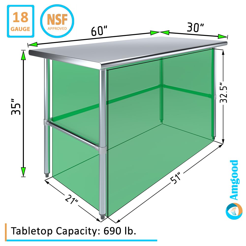 AmGood Stainless Steel Work Table Open Base | Metal Work Bench (Stainless Steel Table Open Base, 60" Long x 30" Deep) AmGood