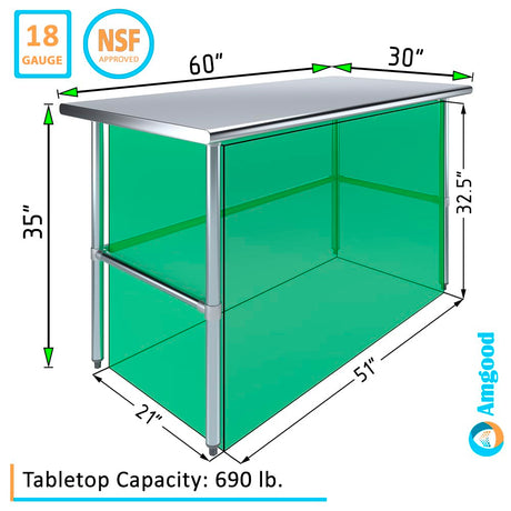 AmGood Stainless Steel Work Table Open Base | Metal Work Bench (Stainless Steel Table Open Base, 60" Long x 30" Deep) AmGood