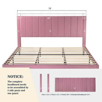 Allewie King Platform Bed Frame/Velvet Upholstered Bed Frame with Vertical Channel Tufted Headboard/Strong Wooden Slats/Mattress Foundation/Box Spring Optional/Easy Assembly/Pink