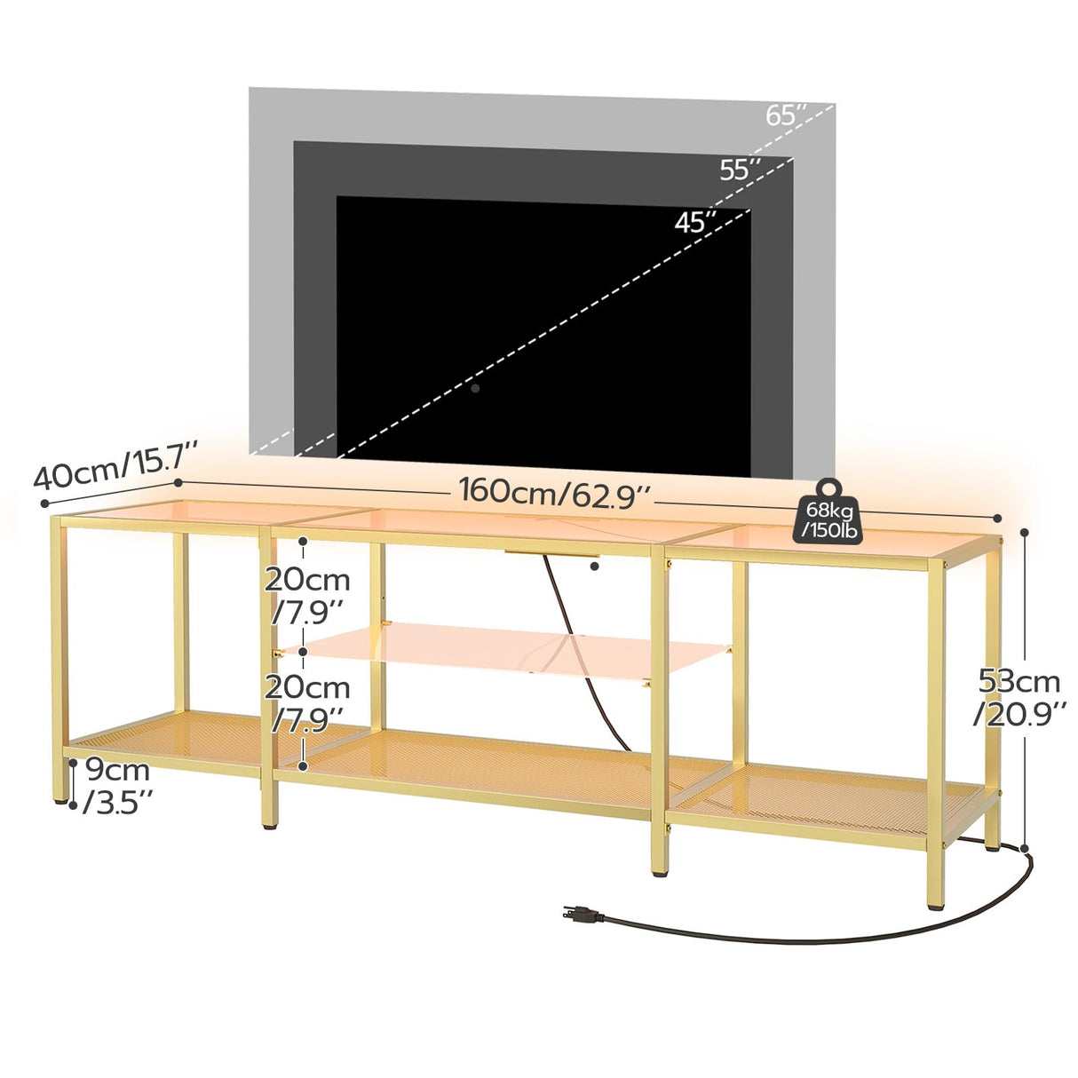 HOOBRO TV Stand with LED Lights and Power Outlets for TVs up to 75", Modern 63 Inch Tempered Glass TV Console Table with Open Shelves, Media Entertainment Center for Living Room, Gold GD165UDS01 HOOBRO