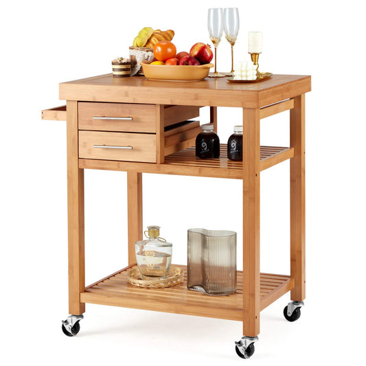 EROMMY Rolling Bamboo Wood Kitchen Island Cart, Multi-Purpose Kitchen Trolley Cart on Wheels, Rolling Kitchen Cart with Drawers, Open Storage Shelves, Towel Rack, Locking Casters