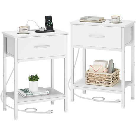 Vagusicc White Nightstand Set of 2 with Charging Station, Bed Side Table with Fabric Drawer, Small End Table with 2-Tier Storage Shelves, 25.4" Tall Bedside Table, Night Stand for Bedroom, Living Room Vagusicc