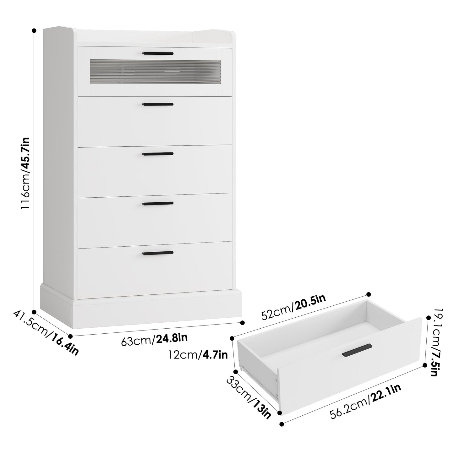 HOSTACK Modern 5 Drawer Dresser for Bedroom, Tall White Dresser Chest of Drawers with Metal Handles, Wood Dresser Storage Cabinet with Anti-Drop Fence & Fluted Glass for Living Room, Entryway - WoodArtSupply