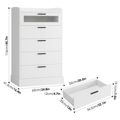 HOSTACK Modern 5 Drawer Dresser for Bedroom, Tall White Dresser Chest of Drawers with Metal Handles, Wood Dresser Storage Cabinet with Anti-Drop Fence & Fluted Glass for Living Room, Entryway - WoodArtSupply