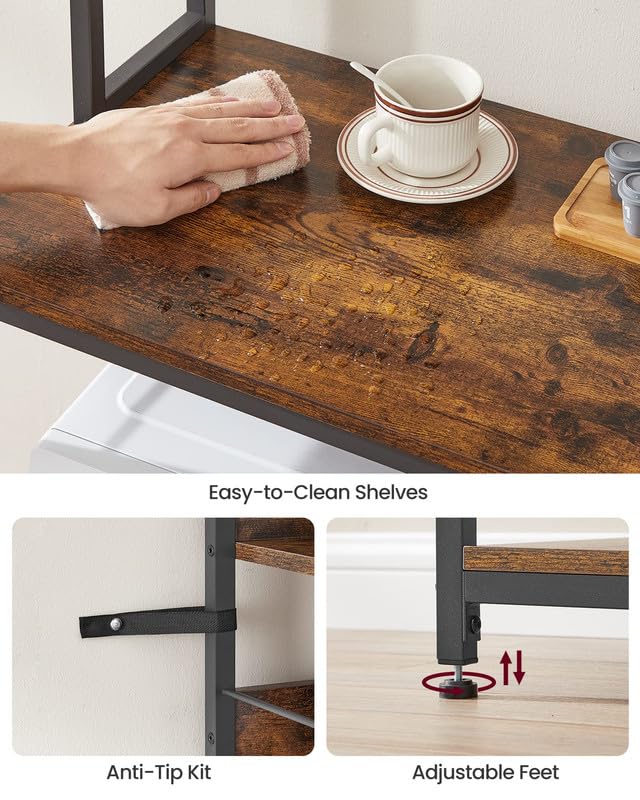 VASAGLE Hutch Bakers Rack with Power Outlet, 14 Hooks Microwave Stand, Adjustable Coffee Bar with Metal Wire Panel, Kitchen Storage Shelf, 15.7 x 31.5 x 66.9 Inches, Rustic Brown and Black UKKS025B01 VASAGLE