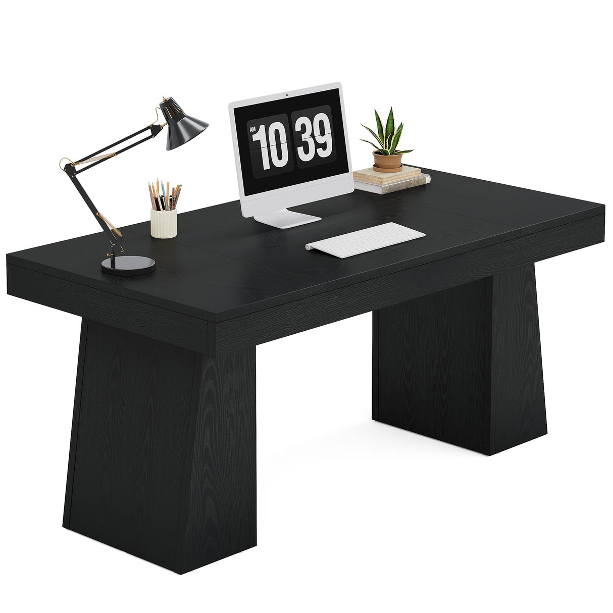 Tribesigns 55 Inches Executive Desk, Mid-Century Modern Home Office Desk with Double Trapezoid Base, Wood Computer Desk Business Workstation Desk Small Conference Table, Black Tribesigns