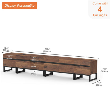 WAMPAT Modern TV Stand for TVs up to 110 inch TV, 3 in 1 Entertainment Center TV Console with Storage Cabinets and Metal Base,Media Console for Living Room, Brown,106''