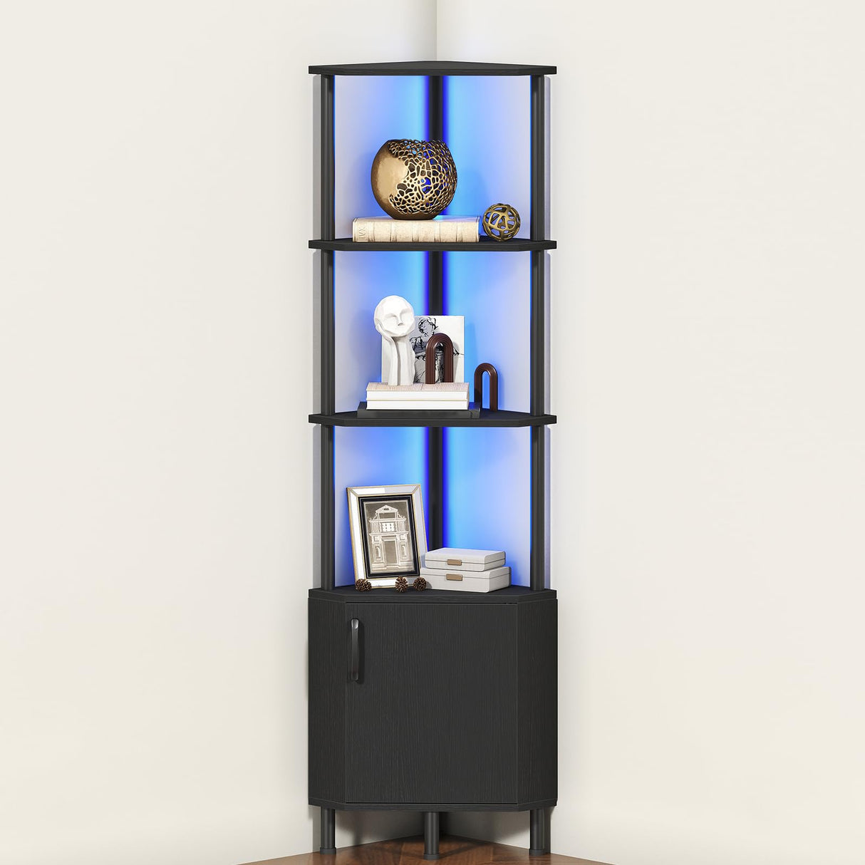 HOOBRO Corner Cabinet with LED Light, Corner Shelf Stand with Storage and Doors, 5-Tier Industrial Corner Bookshelf, 59” Tall Display Rack Shelf, for Living Room, Kitchen, Black BB147DCJ01 HOOBRO