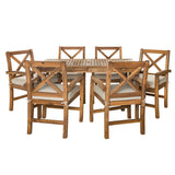 Walker Edison Delray Classic 7 Piece Acacia Wood Outdoor Dining Set with X Back Chairs, Set of 7, Brown Walker Edison
