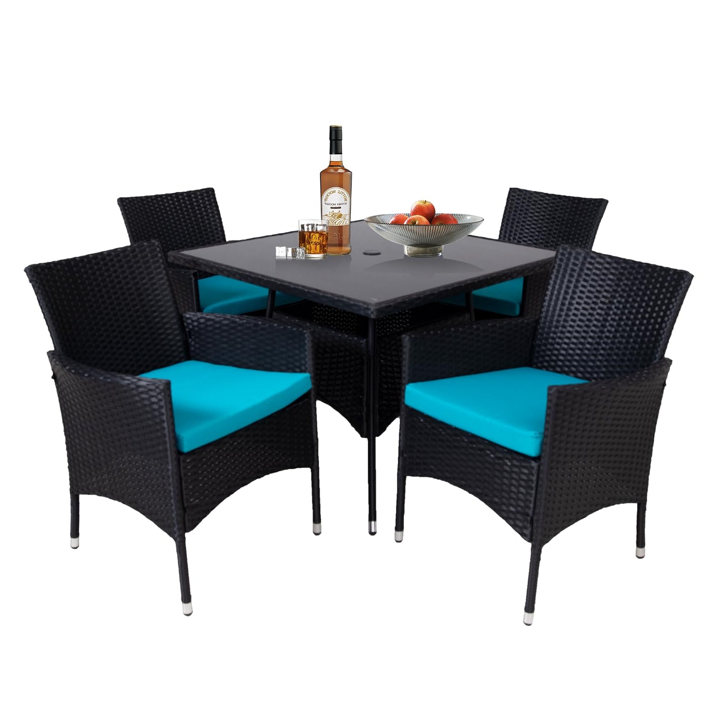 Y Enjoy Patio Dining Set,5 Piece Outdoor Wicker Bistro Set PE Rattan Dining Table and Chairs,Furniture Set with Umbrella Cutout for Backyard Outdoor Kitchen Lawn & Garden (Black-Lakeblue) - WoodArtSupply