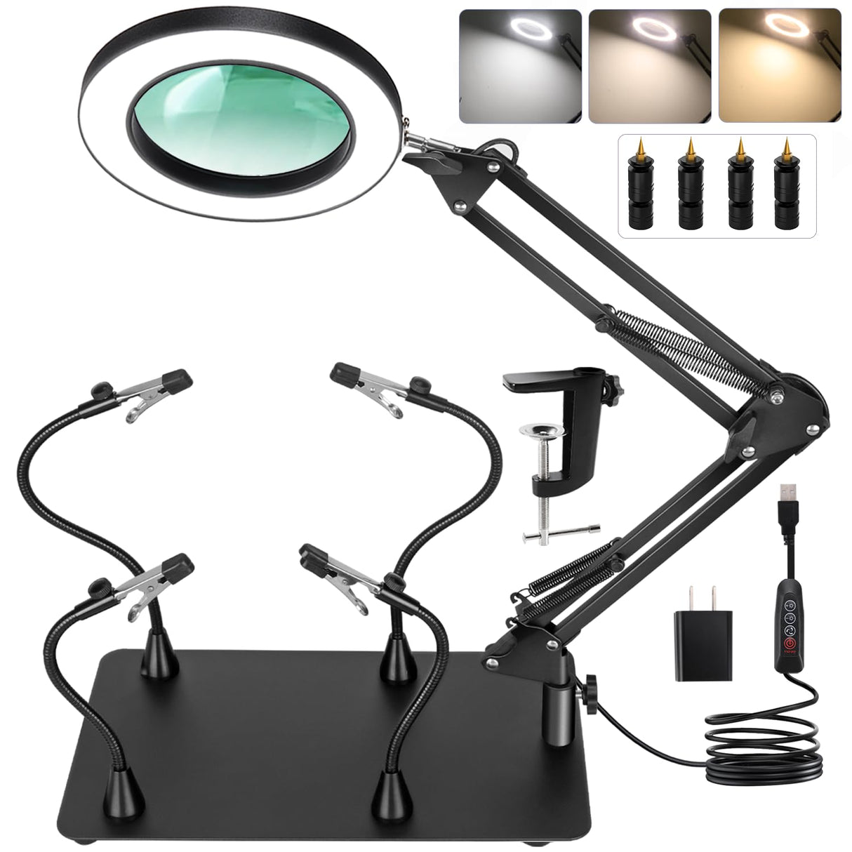 MagnieOpti Helping Hands Soldering Station, 10X Magnifying Glass with Light and Stand with 4 Magnetic Third Hand & 4 PCB Circuit Board Holders, Hands Free Magnifier Desk Lamp for Soldering Repairing MagnieOpti