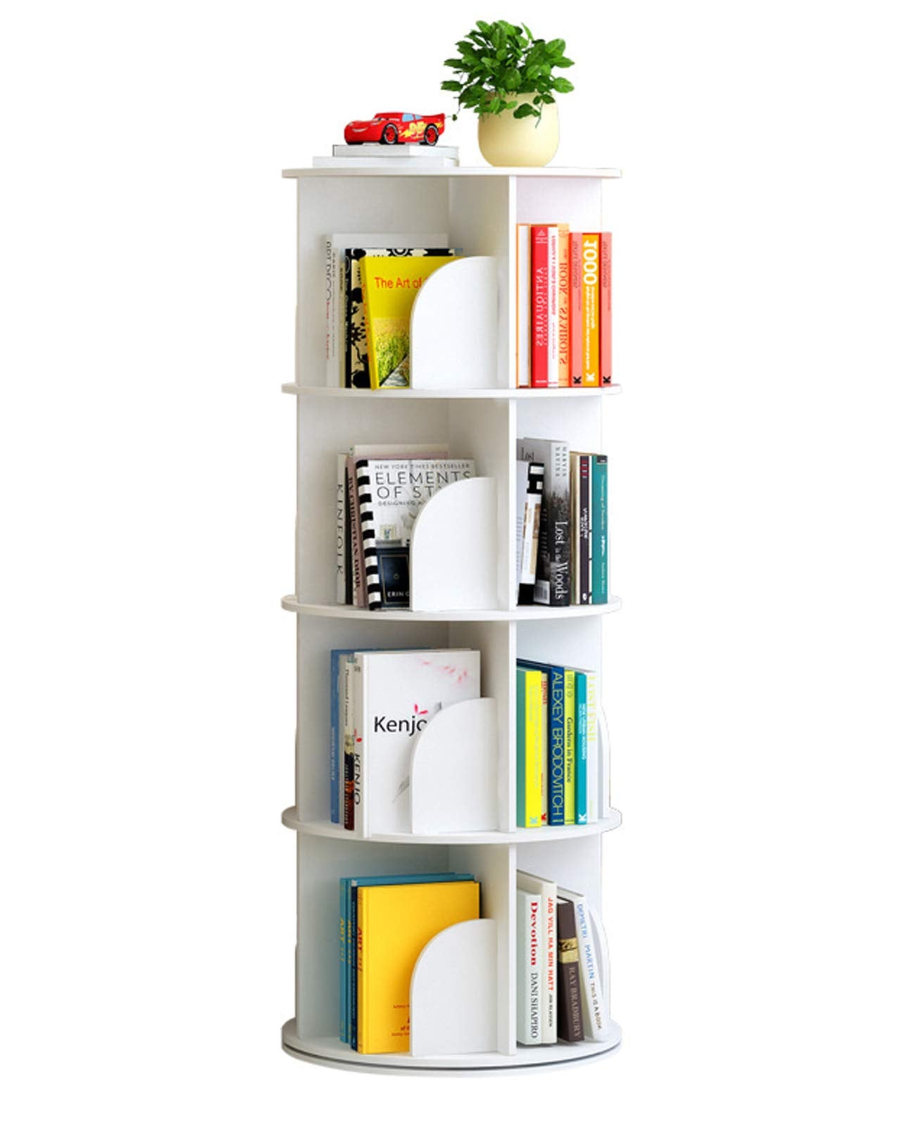 Arcwares 4-Tier Rotating Bookshelf - 360° Revolving Corner Bookcase in White, Stackable Organizer for Home & Office - WoodArtSupply