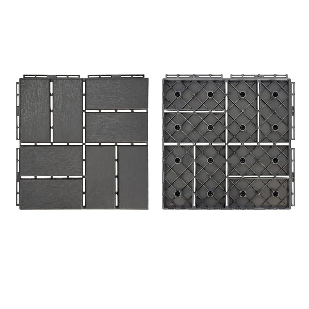 Waterproof Plastic Interlocking Deck Tiles, 9-Pack, 12"x12" | All-Weather Outdoor Flooring for Porch, Poolside, Balcony, Backyard (12''*12'', B-DarkGrey, 9)