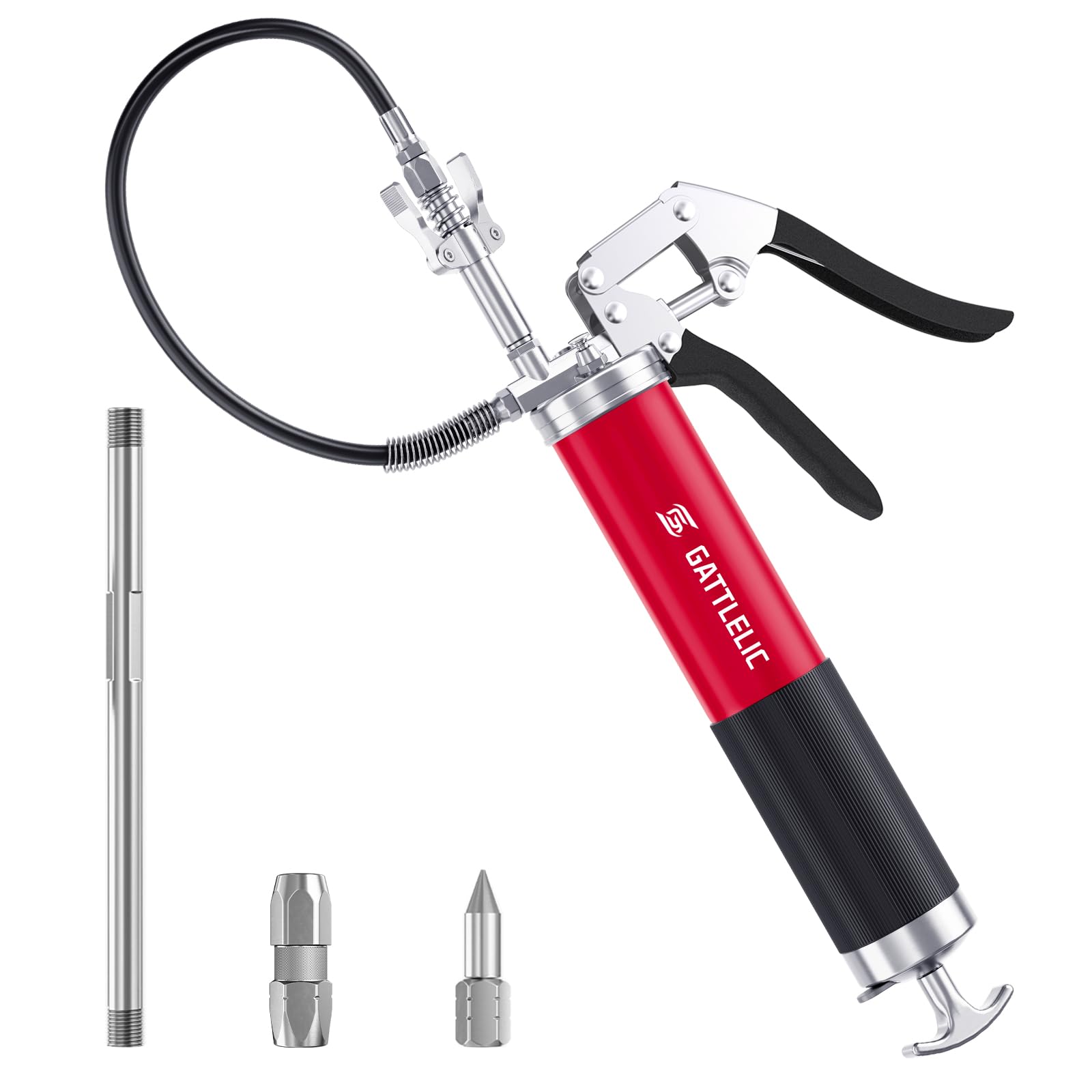 GATTLELIC Heavy Duty Grease Gun Kit, 8000 PSI Professional Pistol Grip 14 oz Load with 12" Flex Hose, Locking Coupler, Extension Pipe, and Sharp Nozzle - WoodArtSupply