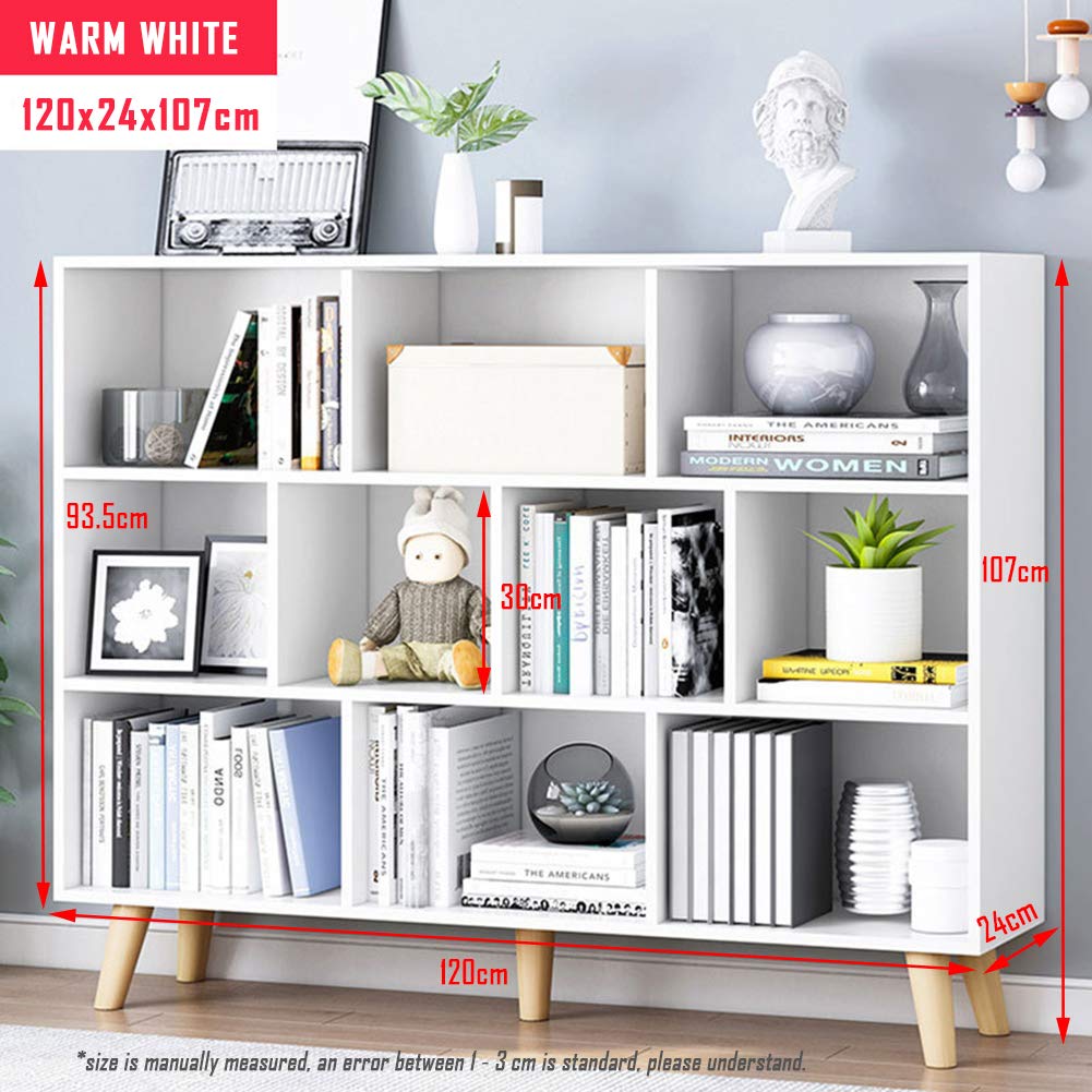 IOTXY Wooden Open Shelf Bookcase - 3-Tier Floor Standing Display Cabinet Rack with Legs, 10 Cubes Bookshelf, Warm White IOTXY