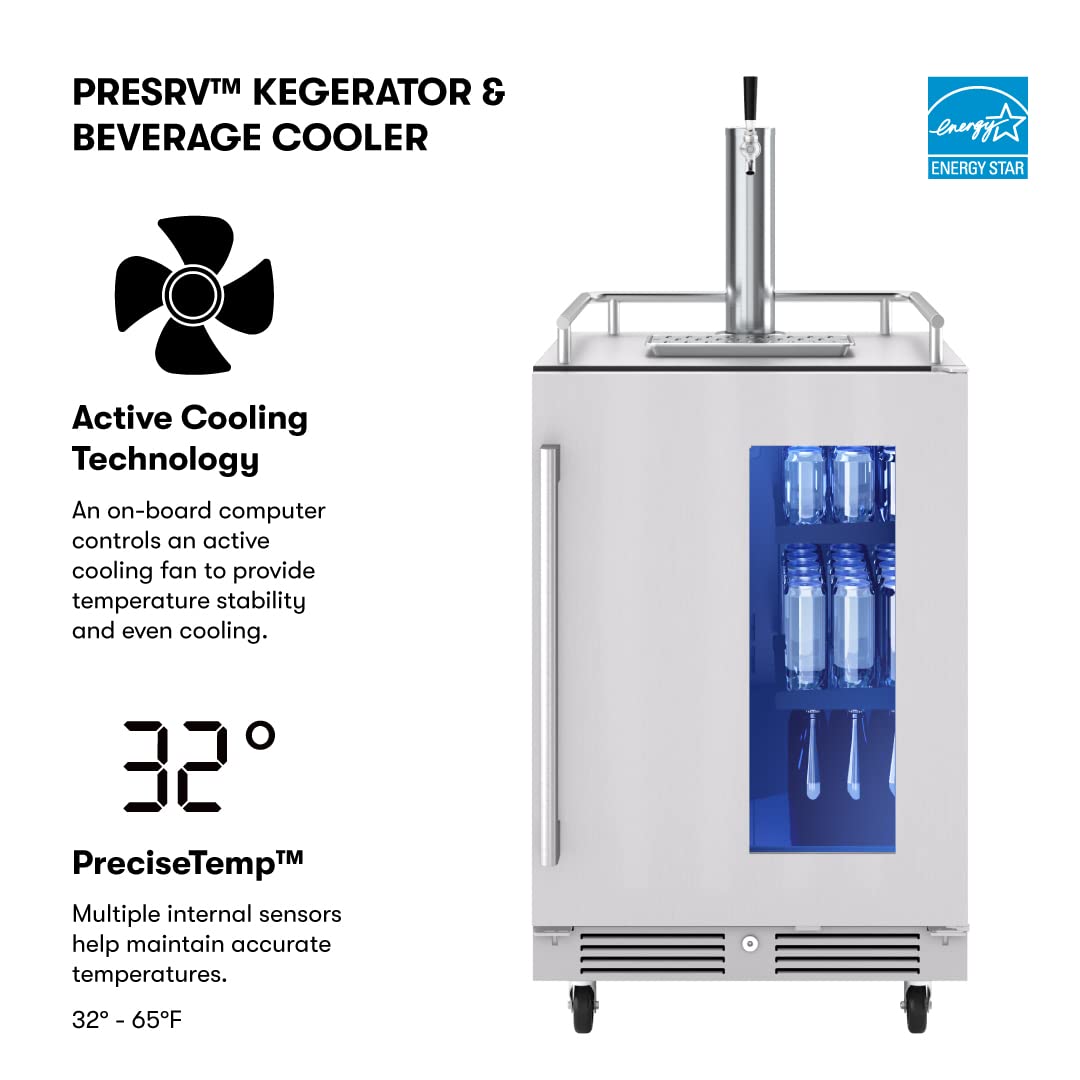 Zephyr Presrv™ 24" Stainless Steel Kegerator & Beverage Cooler - Indoor Refrigerator, Cellar Freestanding Fridge and Keg Beer Cooler - Compatible with Multiple Keg Configurations