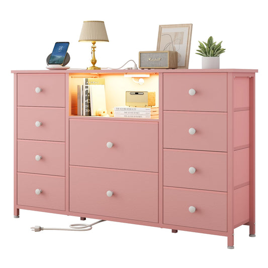 LDTTCUK Dresser with Charging Station and LED Lights, Pink Dresser for Girls Bedroom, Bedroom Long Dresser TV Stand with 10 Drawers, Fabric Wide Dresser Storage Organizer for Hallway, Kids Room