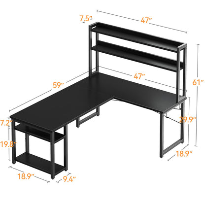 ODK L Shaped Gaming Desk with Hutch, Computer Desk with Storage Shelves, 59" L Shaped Desk for Home Office, Corner Desk with Headphone Hook, Black - WoodArtSupply