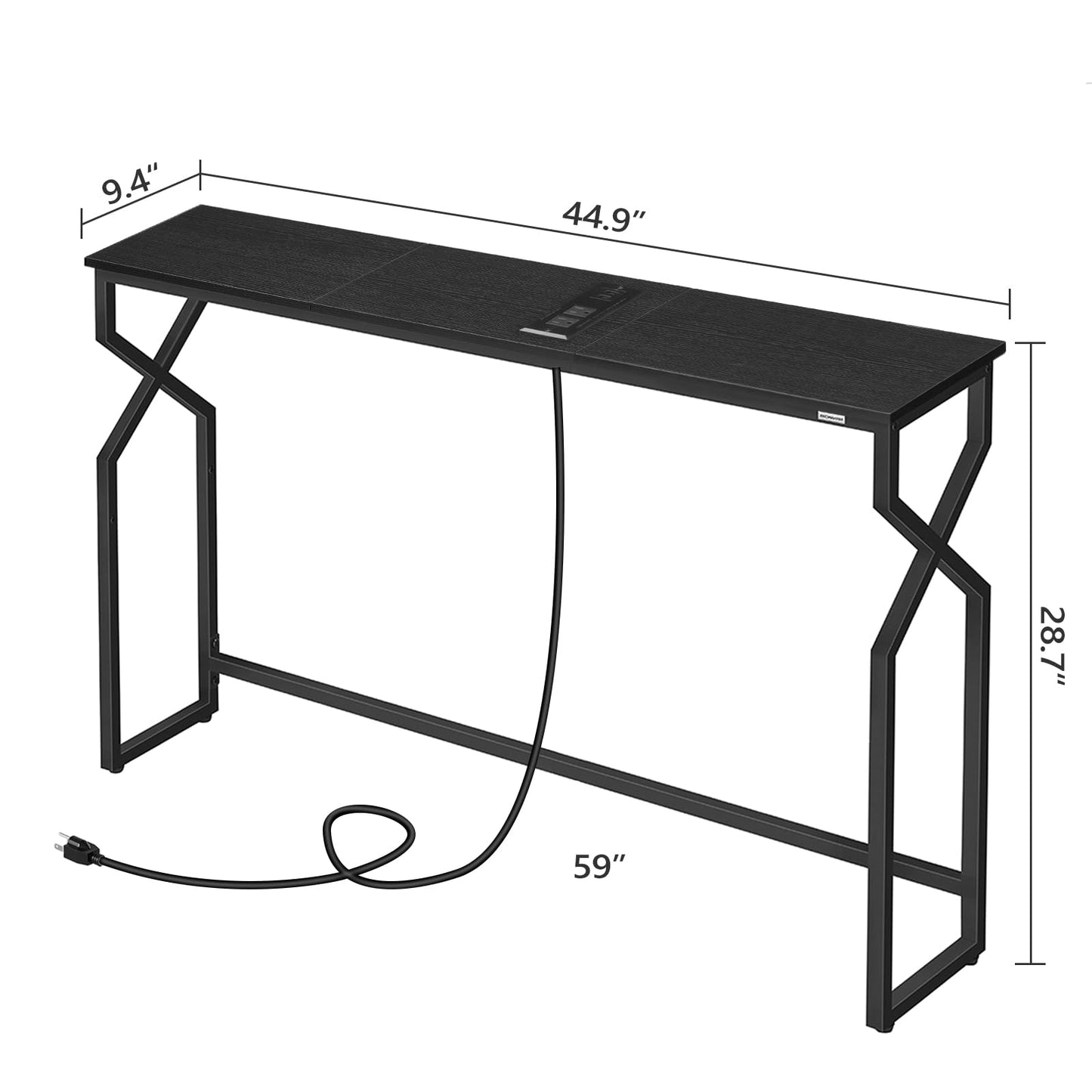 MAHANCRIS Console Sofa Table, 44.9" Entryway Table with Power Station, Narrow Couch Table, Hallway Table, Sofa Table with USB Ports, Metal Frame, for Entrance, Living Room, Black CTHB113E01