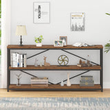 IBF Low Rustic 3 Tier Bookshelf, Industrial Horizontal Wood Bookcase, Farmhouse Long Wide Open Metal Etagere, Modern Large Vintage Book Shelf for Home Office Bedroom Living Room, Rustic Brown, 63 Inch IBF