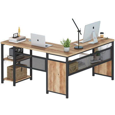 FATORRI L Shaped Computer Desk, Industrial Office Desk with Shelves, Reversible Wood and Metal Corner Desk for Home Office (Rustic Oak, 59 Inch)