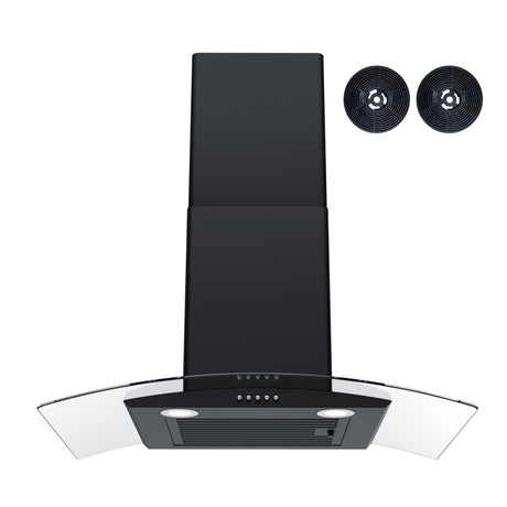 FIREGAS Wall Mount Range Hood 30 inch with 3 Speed Fan,black range hood with tempered glass,400CFM,Push Button Controls, LED Lighting, Permanent Filters in Stainless Steel,includes 2 Charcoal Filters FIREGAS