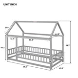PVWIIK Twin Size Montessori Floor Bed with Roof & Fence Guardrails for Boys Girls Bedroom,Twin Size Floor Wooden Bed Frame,Easy Assemble,No Box Spring Needed, Gray PVWIIK