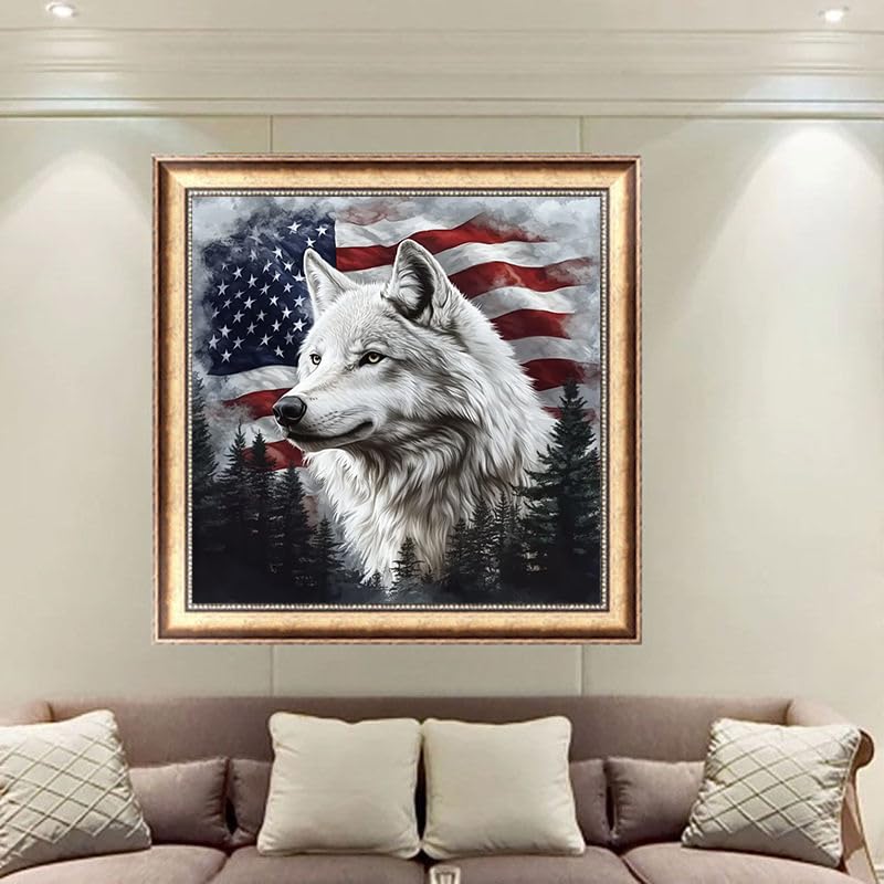 KTHOFCY 5D DIY Diamond Painting Kits for Adults, American Flag and Wolf Full Drill Embroidery Cross Stitch Crystal Rhinestone Paintings Pictures Arts Wall Decor Painting Dots Kits 11.8X11.8 inch KTHOFCY