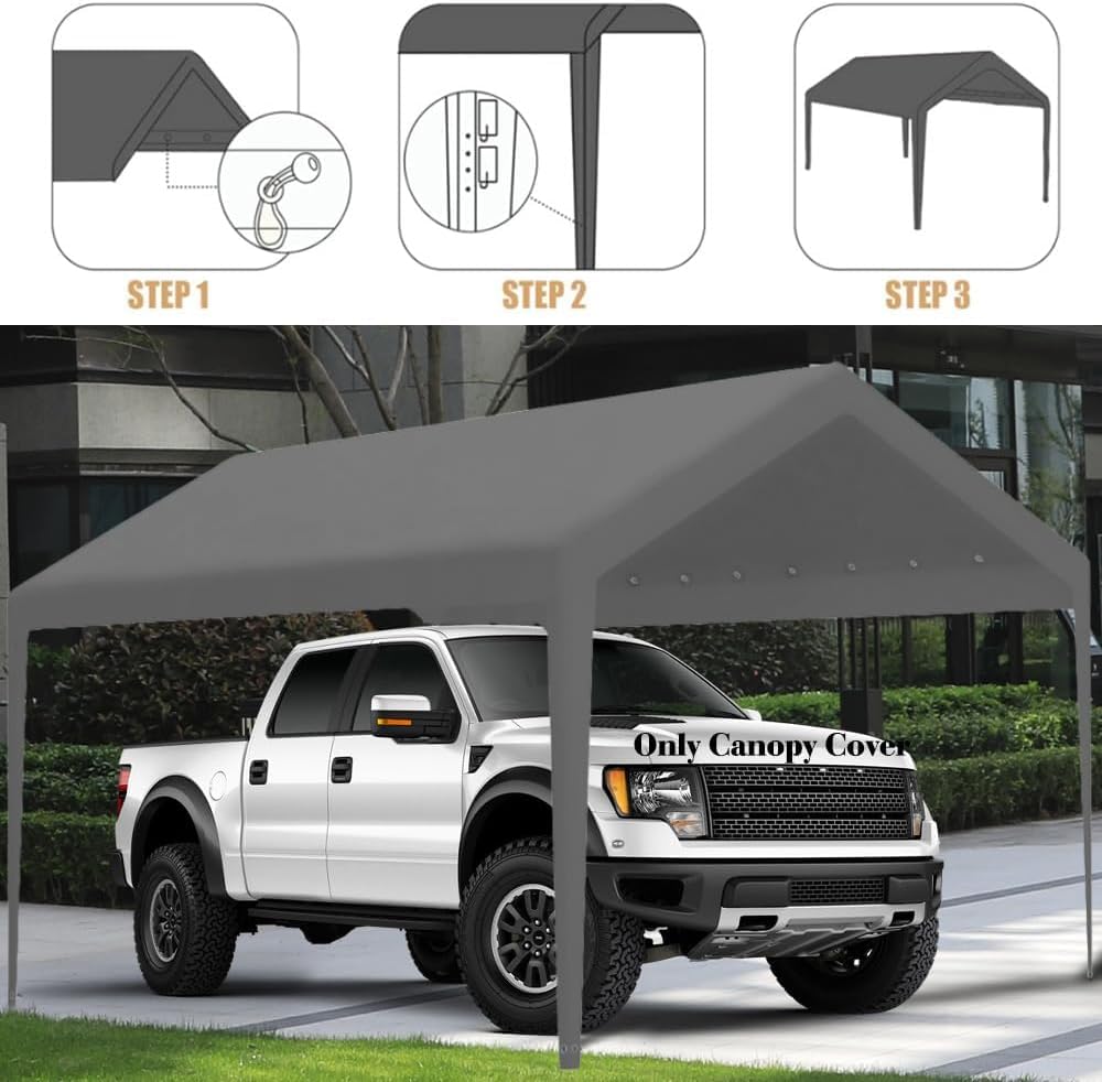 Rutile 10 x 20 FT Carport Replacement Cover - Heavy Duty Car Tarp Canopy Tent Garage Top Shelter With Fabric Leg Pole Skirts and Ball Bungees - Gray (Only Top Cover, Frame Not Included) Rutile