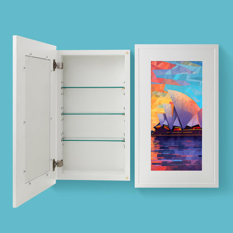 Potter-Island Concealed Medicine Cabinet 14×24 Recessed, Picture Frame Medicine Cabinet, Farmhouse White Wood Frame, 3 Shelves, 100% Handmade, Fully Assembled Wall Niche Insert（Moonlighter） Potter-Island