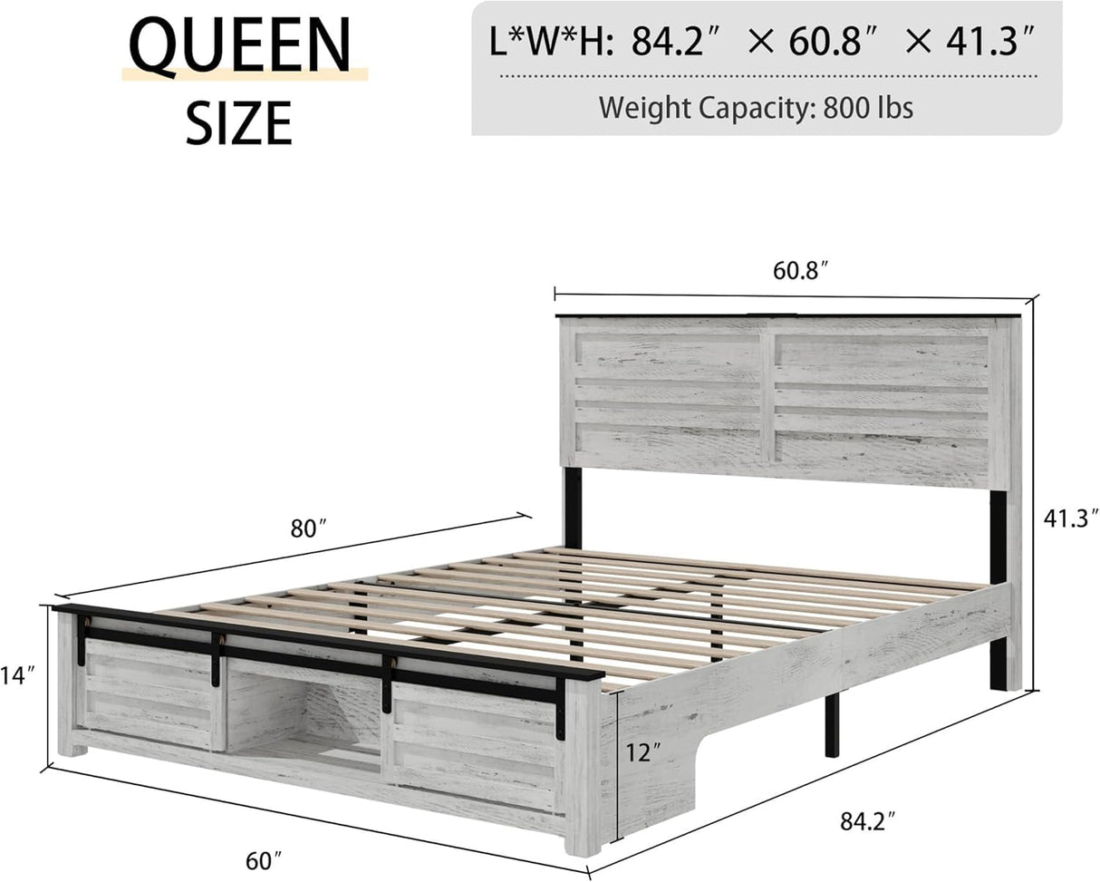 Queen Bed Frame with Storage Headboard, Metal Platform Bed Frame with 3 Storage Compartments, Built-in Charging Station and LED Lights, No Box Spring Required, Noiseless, Easy Assembly，Antique White QNICE