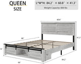 Queen Bed Frame with Storage Headboard, Metal Platform Bed Frame with 3 Storage Compartments, Built-in Charging Station and LED Lights, No Box Spring Required, Noiseless, Easy Assembly，Antique White QNICE