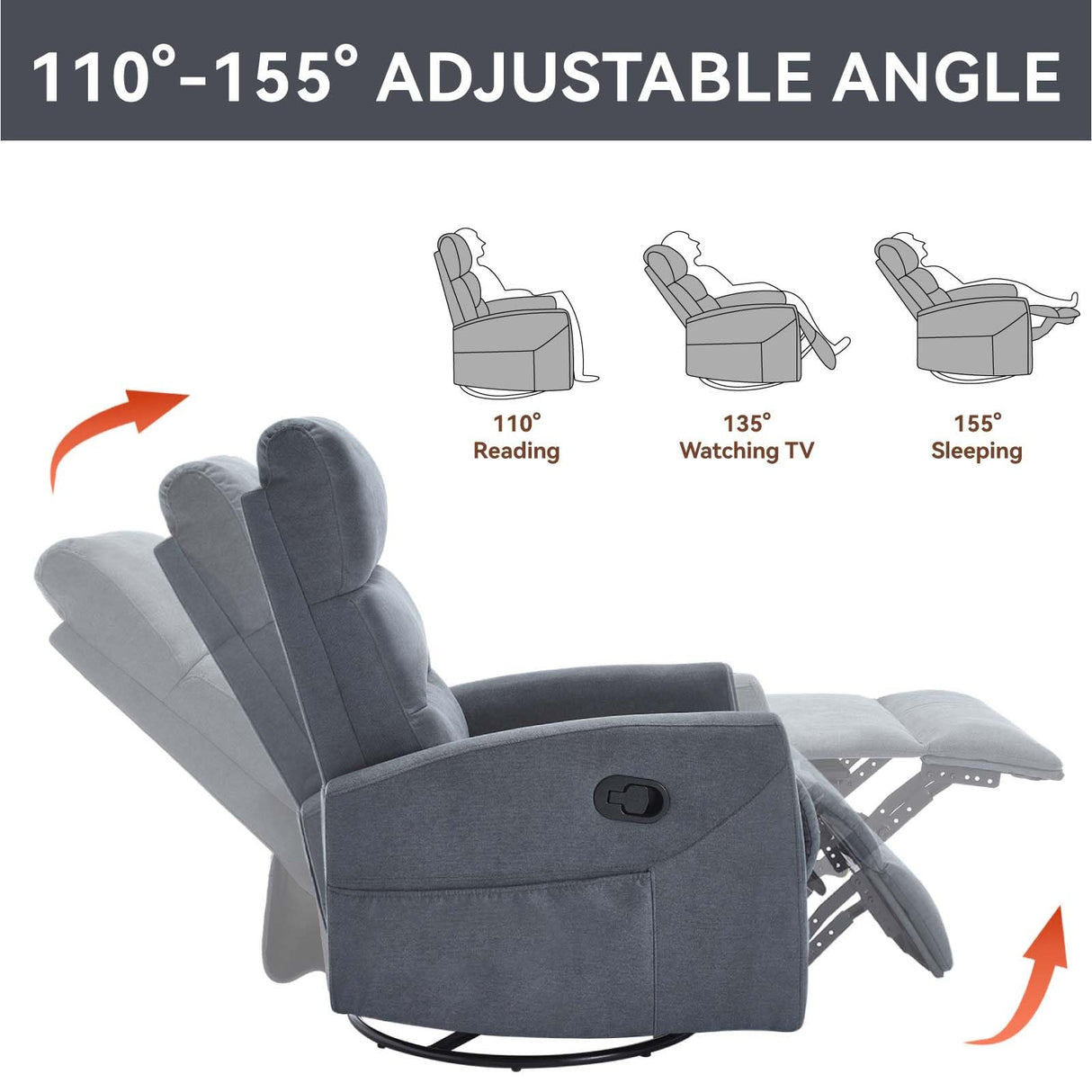 360° Swivel Rocker Recliner Chairs for Adults, Manual Nursery Glider Chair with Side Pockets and High Back, Small Lazy Boy Rocker Recliner for Small Spaces, Living Room, Bedroom (Drak Grey+Fabric) YskdhfczQ
