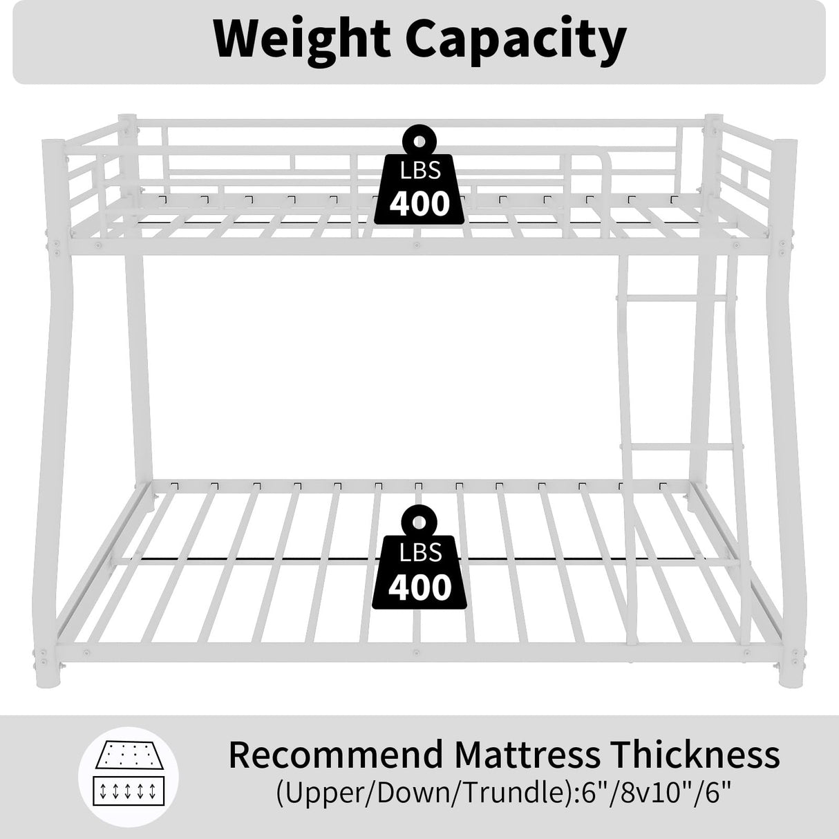 Bellemave Twin Over Full Metal Floor Bunk Bed with Inclined Ladder,Heavy Duty Bunk Beds for Adults,Twin Over Full,White Bellemave